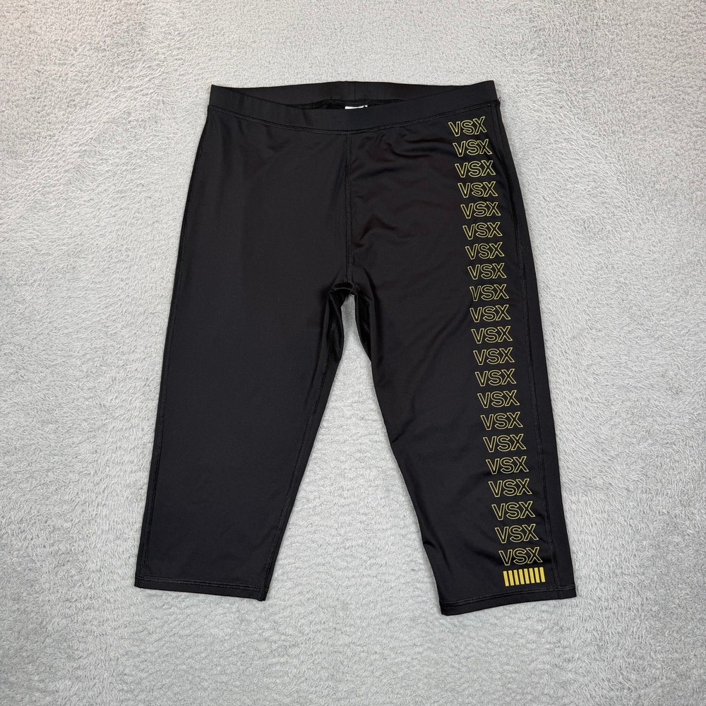 Victoria Secret VSX Sport Black Capri Leggings Yellow Logo Graphic Womens Large
